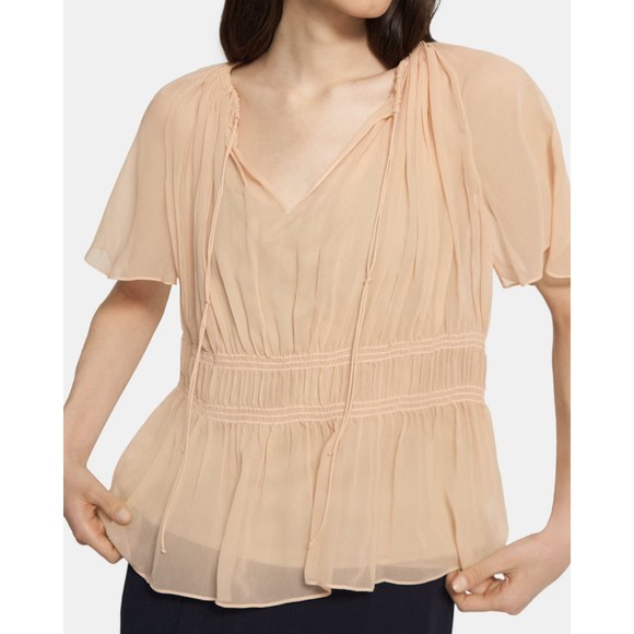 Theory Wmn Flax Tie Neck Raglan Short Sleeves Crinkled Silk Chiffon Top Sz M NWT - Picture 4 of 14